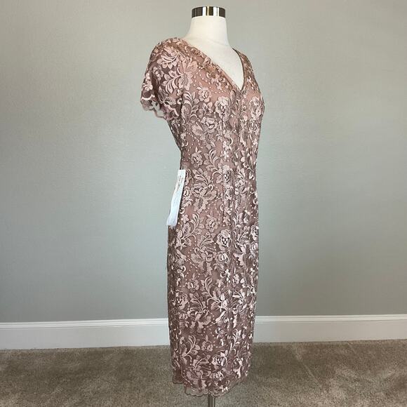 JS Collections Pink Lace Cocktail Dress Size 4 Short Sleeve Midi Sheath - Picture 2 of 12